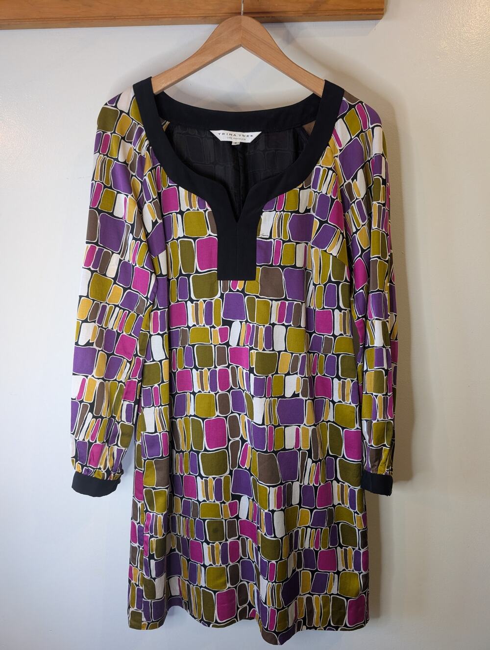 Trina Turk LA Silk Cotton Geometric Print Shift Dress Black Multi Size 6